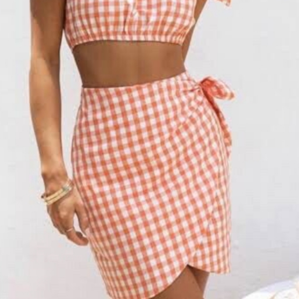 Sabo Skirt "Cara" Peach Gingham Wrap Mini Skirt Size S - Picture 7 of 7